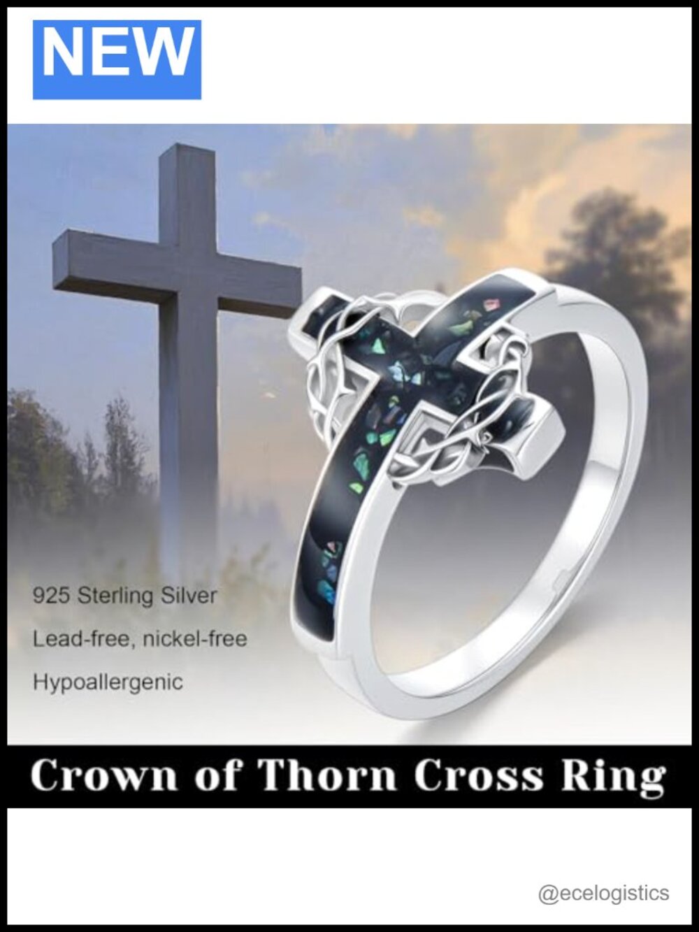 925 Sterling Silver Crown of Thorns Cross Ring Abalone Statement Ring - Picture 5 of 6